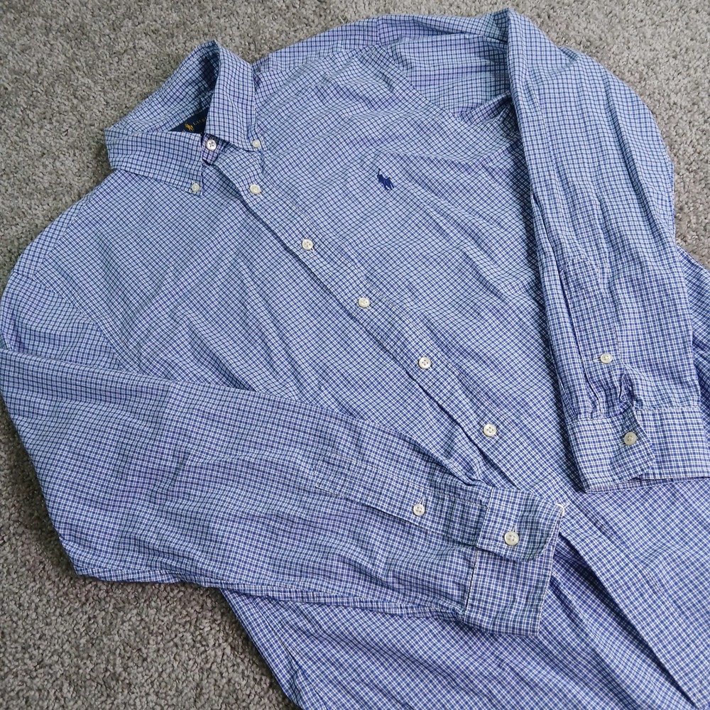 Polo Ralph Lauren Mens Blue White Gingham Cotton Button Down Shirt Large
